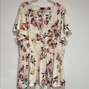 torrid Cream Floral Flutter-Sleeve Peplum Blouse